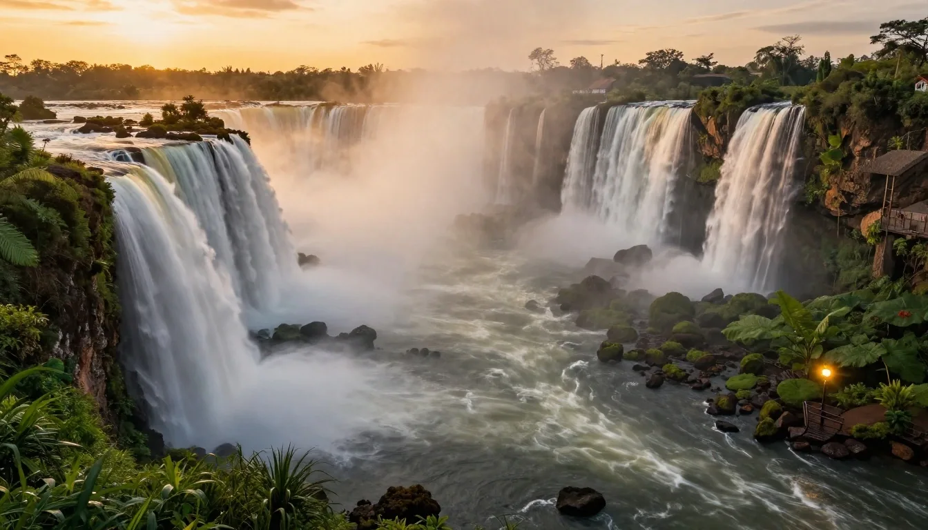 Bruma de las Cataratas del Iguazú al atardecer