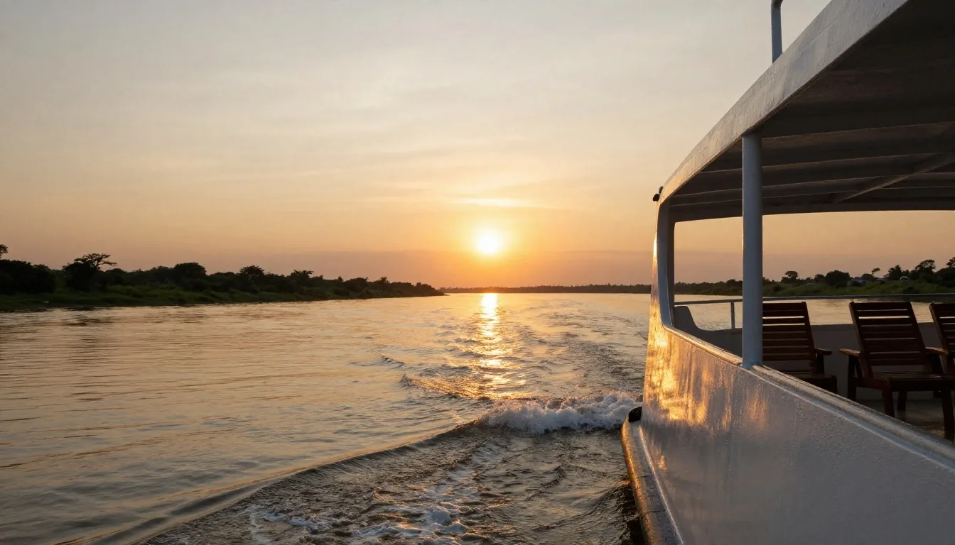 Cubierta de barco fluvial al atardecer sobre el río Paraná