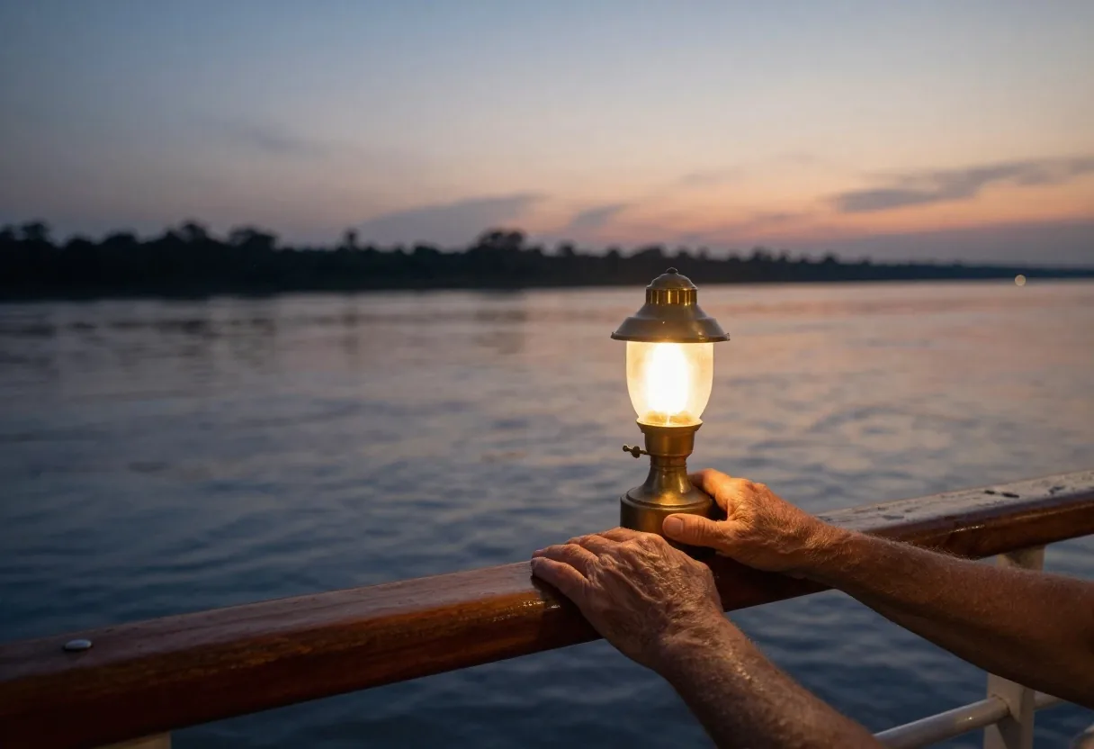 Manos sobre la baranda de un barco fluvial al atardecer