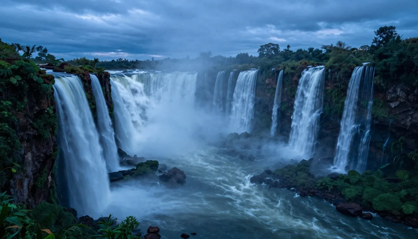 Bruma sobre los saltos de Iguazú al atardecer