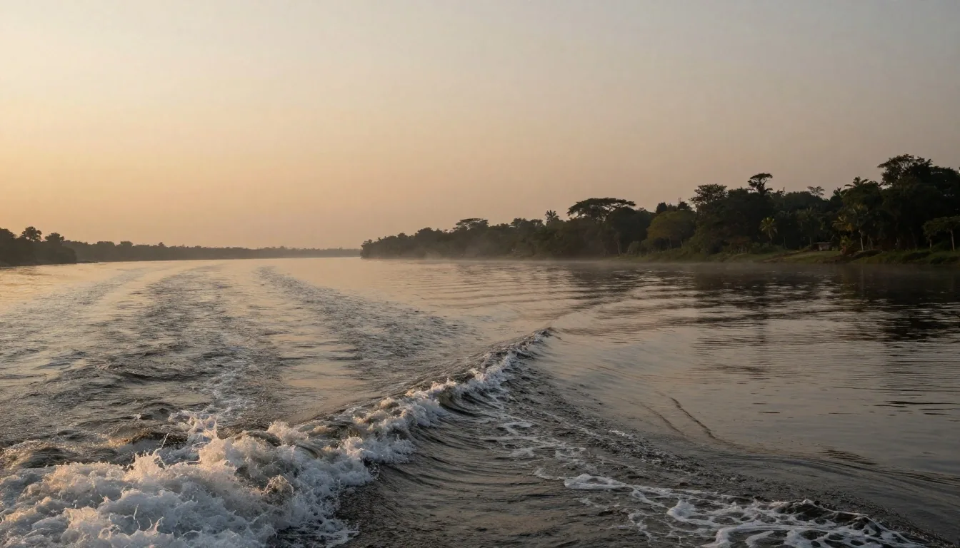 Cubierta de barco sobre el río Paraná al atardecer