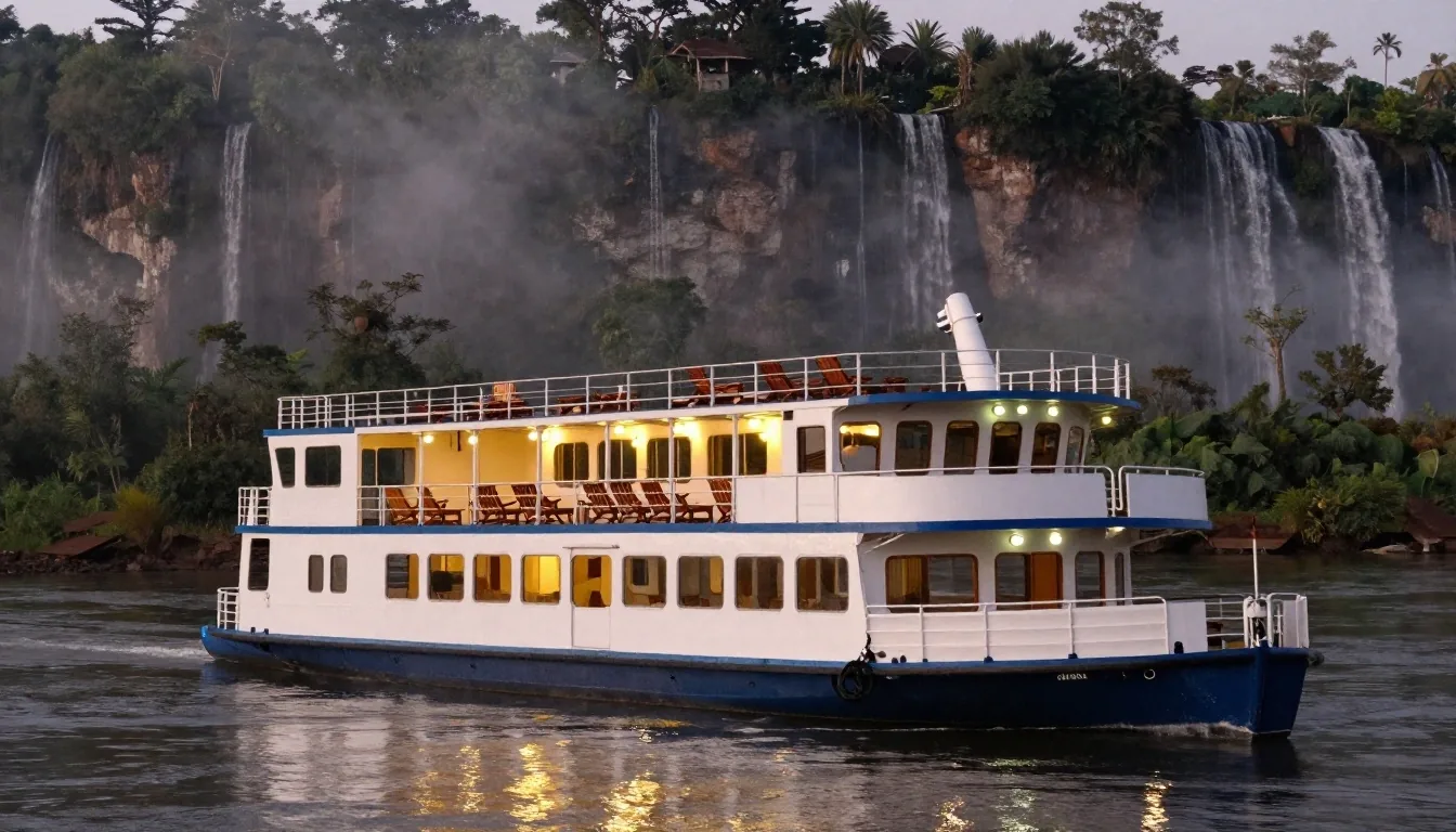 Cataratas del Iguazú al atardecer desde la cubierta de un barco sobre el Alto Paraná