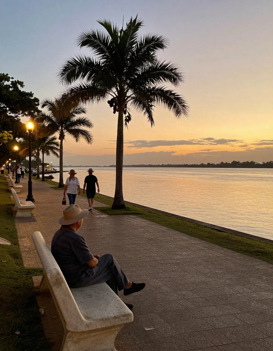 Costanera de Posadas al atardecer sobre el Alto Paraná