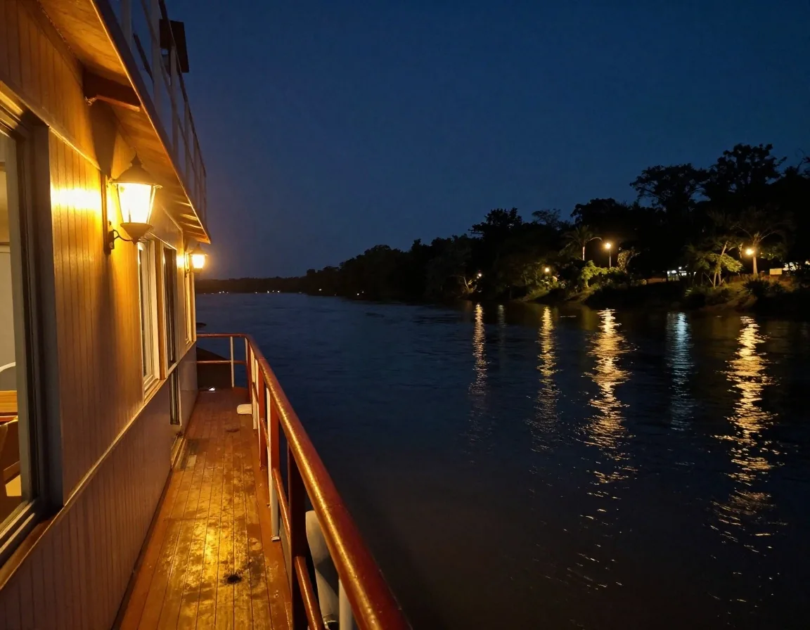Río Paraná de noche desde la cubierta con lámpara cálida