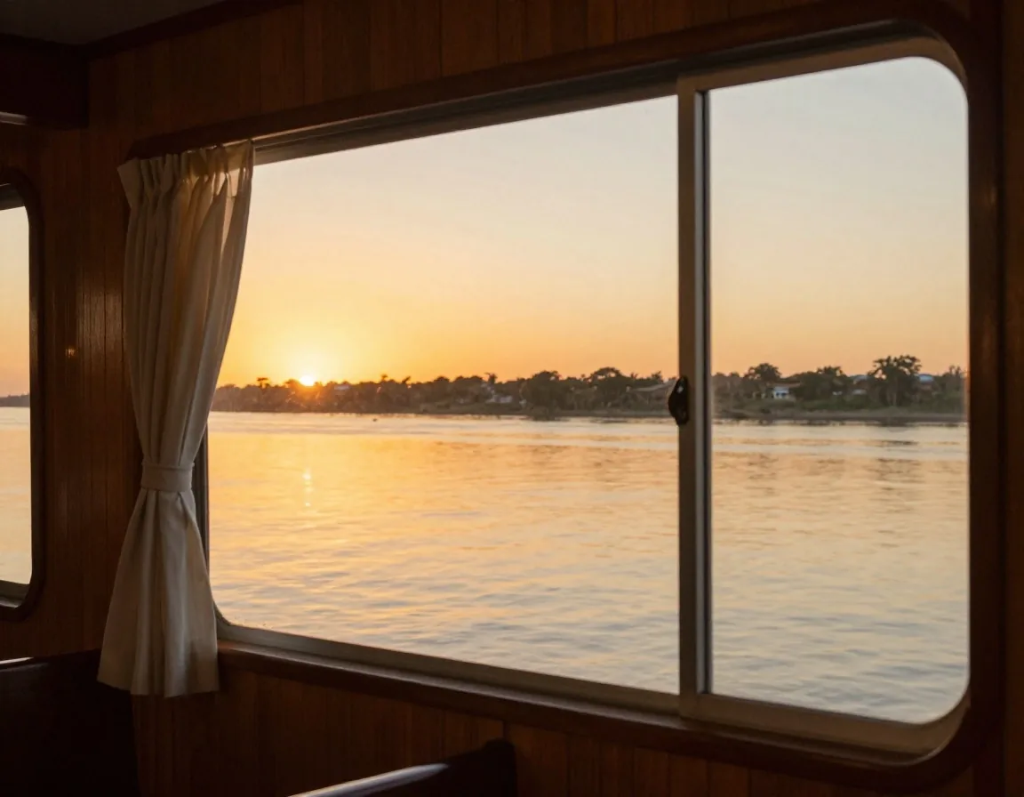 Camarote con ventana al río Paraná al atardecer
