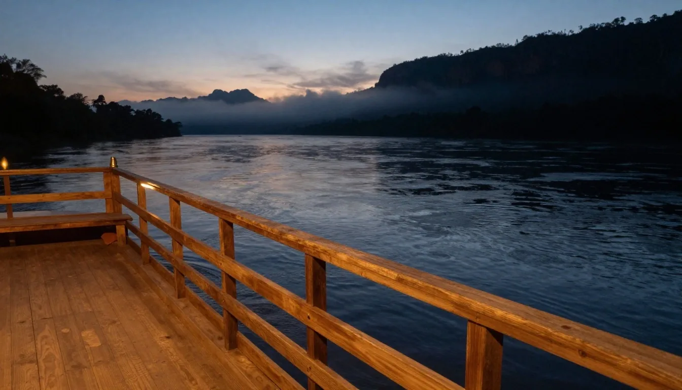Cubierta de barco fluvial sobre el río Paraná al anochecer