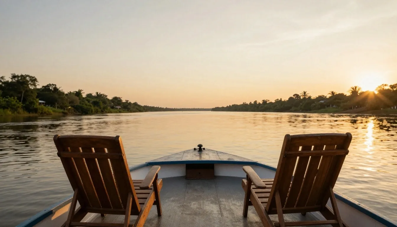 Cubierta de barco fluvial sobre el río Paraná al atardecer