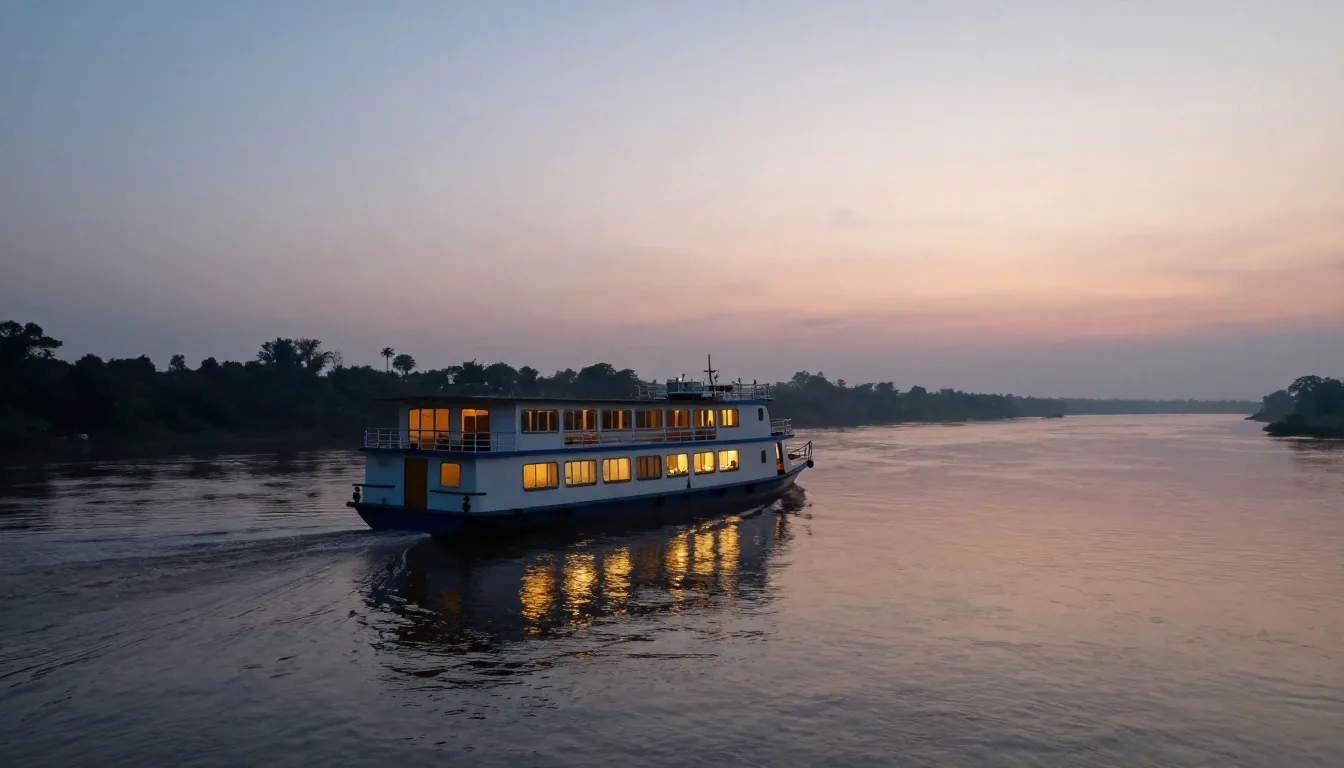 Cubierta de barco sobre el río Paraná al atardecer