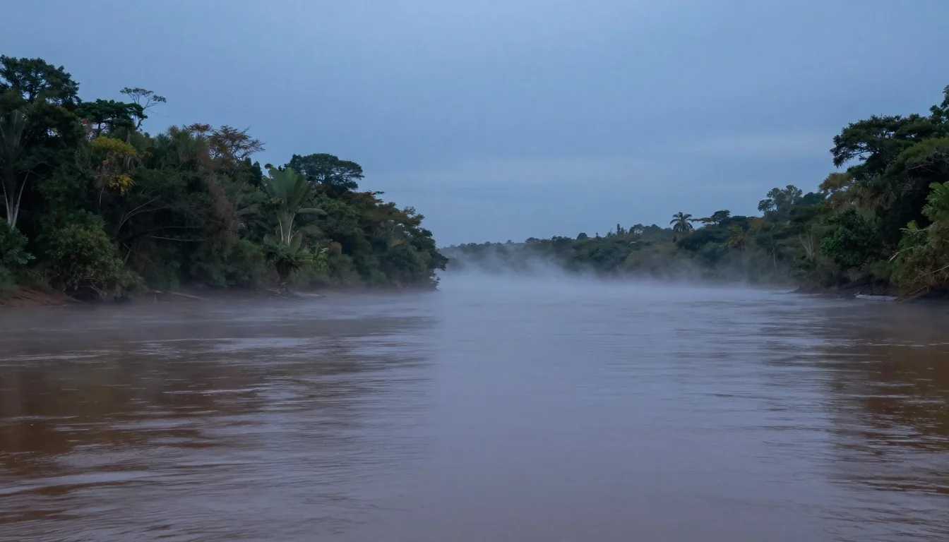 Niebla nocturna sobre el río cerca de Iguazú