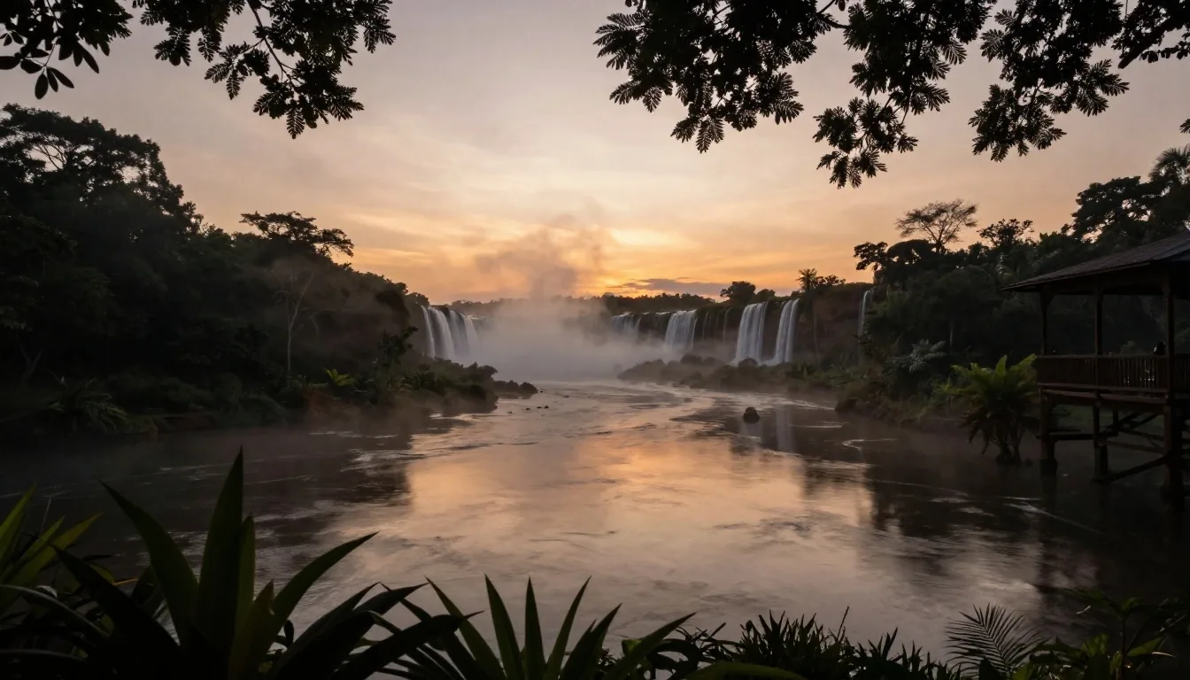 Bruma sobre el río en Iguazú al atardecer