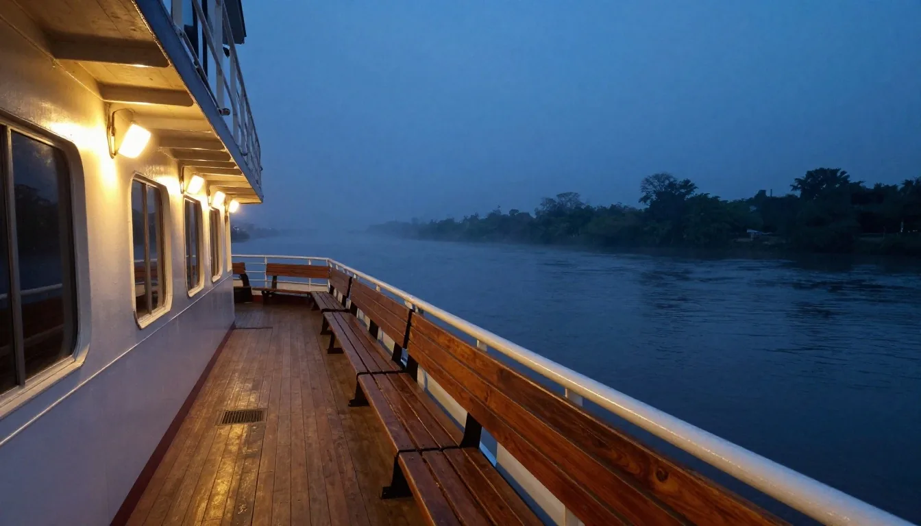 Cubierta de barco sobre el río Paraná al anochecer