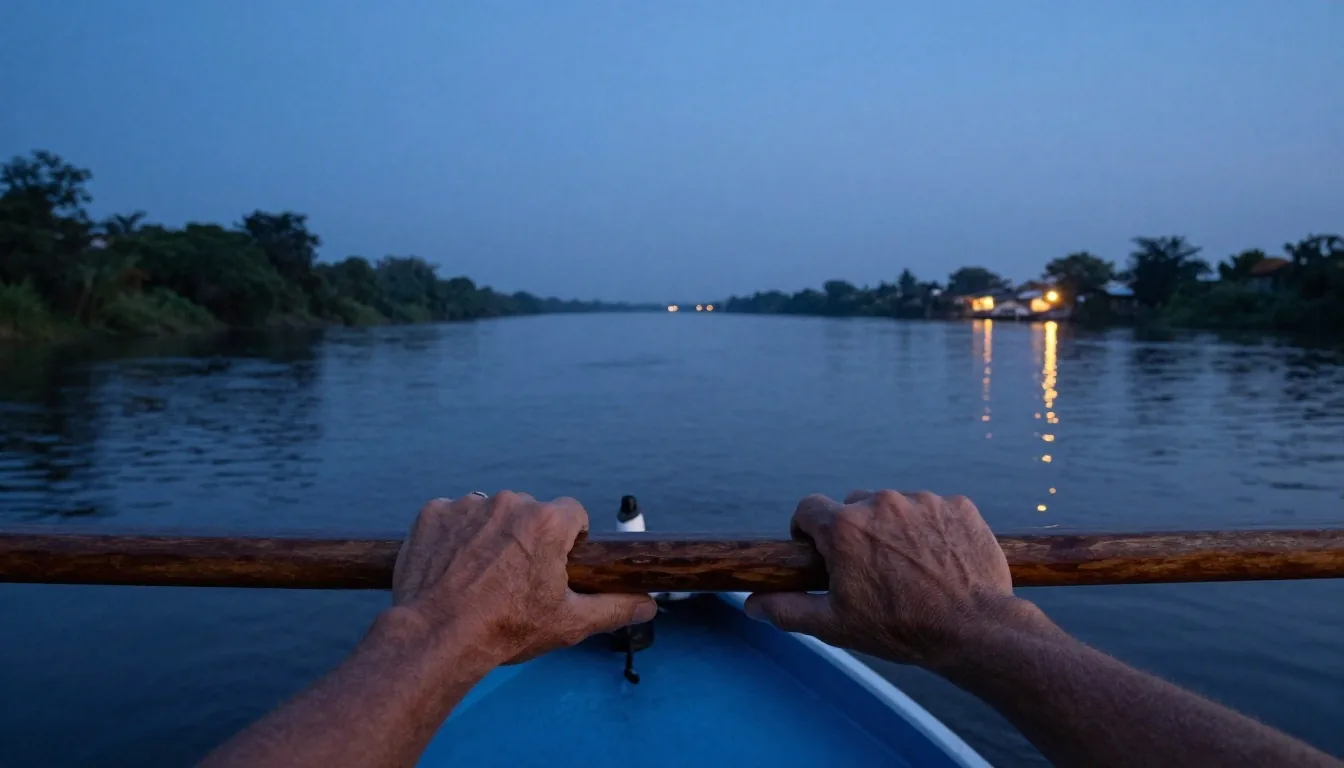 Baranda de madera de una embarcación pequeña sobre el río Paraná al atardecer
