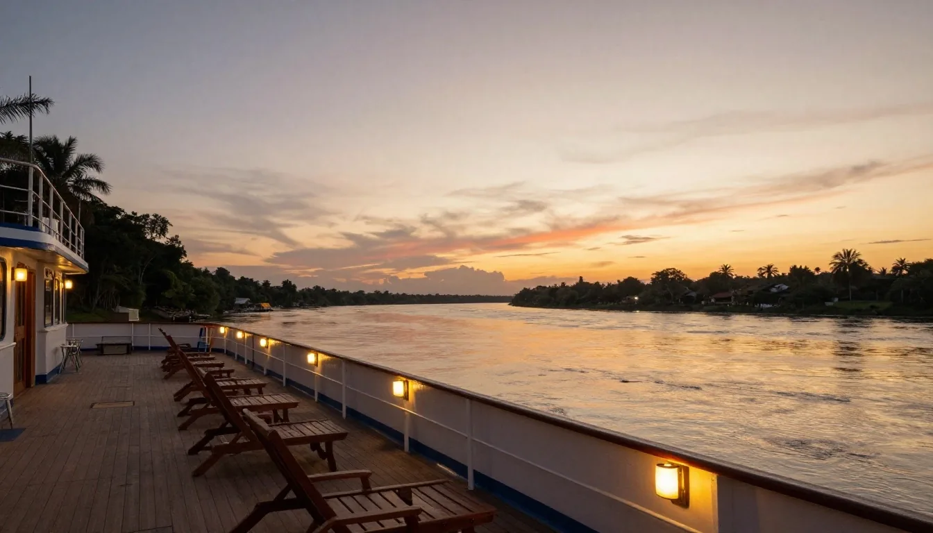Cubierta de crucero fluvial al atardecer sobre el río Paraná