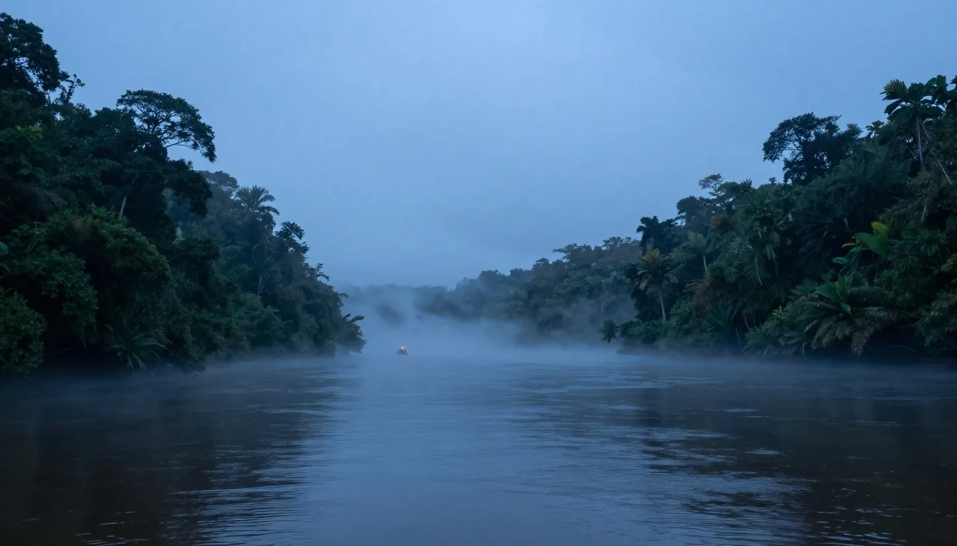 Niebla sobre el Alto Paraná cerca de Iguazú al atardecer