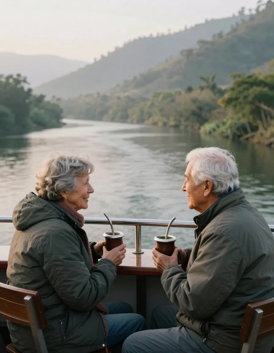 Pareja mayor mirando el río desde la baranda del barco